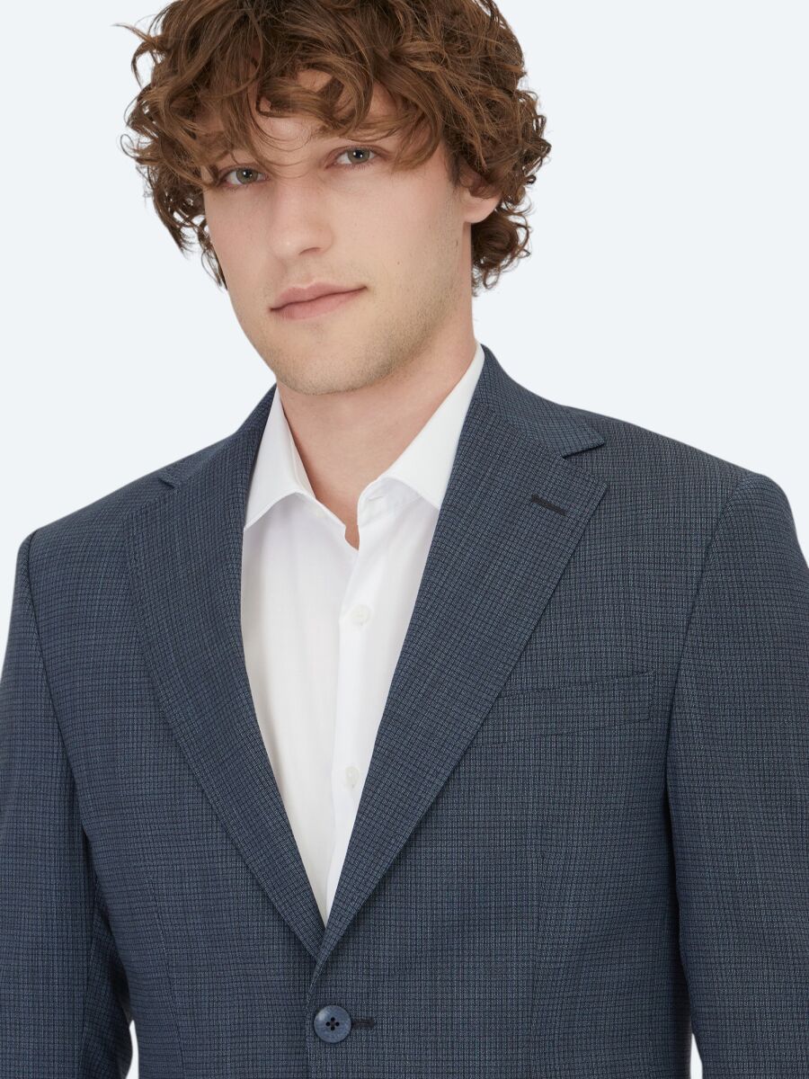 Navy Blue Patterned Modern Fit Wool Blended Suit - 3