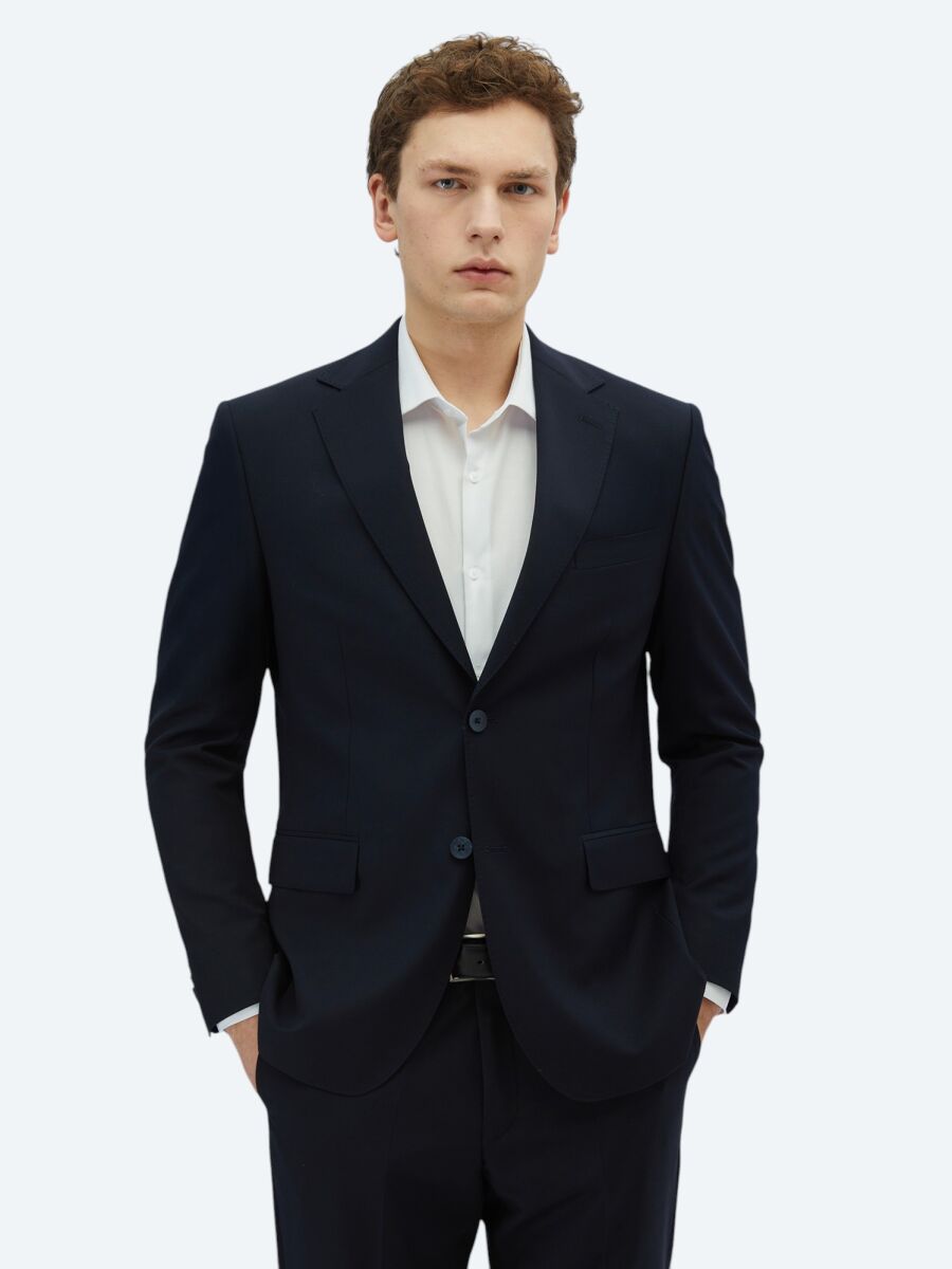 Navy Blue Patterned Modern Fit Wool Blended Suit - 1
