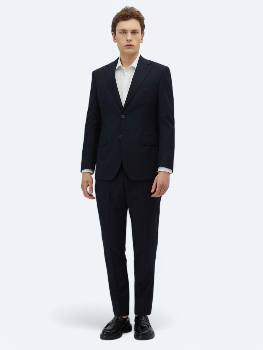 Navy Blue Patterned Modern Fit Wool Blended Suit - 2