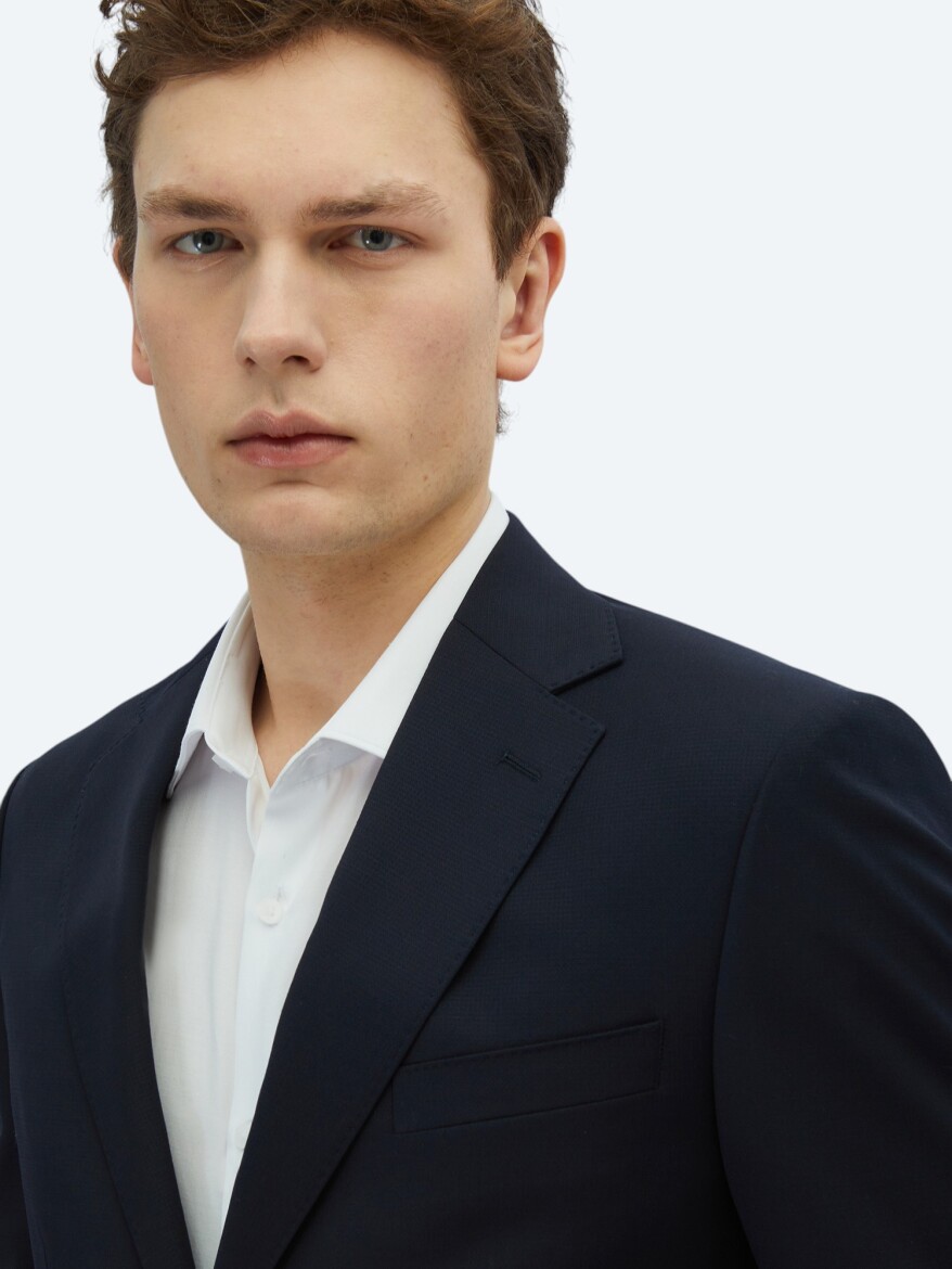 Navy Blue Patterned Modern Fit Wool Blended Suit - 3