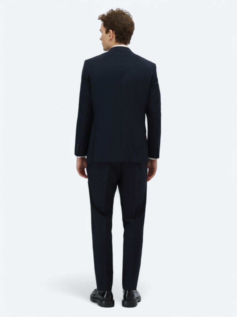 Navy Blue Patterned Modern Fit Wool Blended Suit - 5