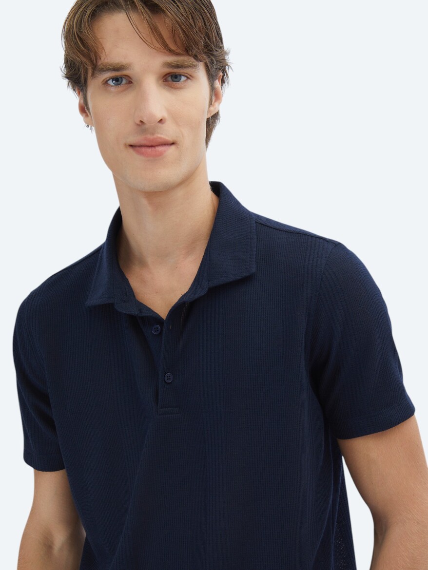 Navy Blue Patterned Polo Neck T-Shirt - 3