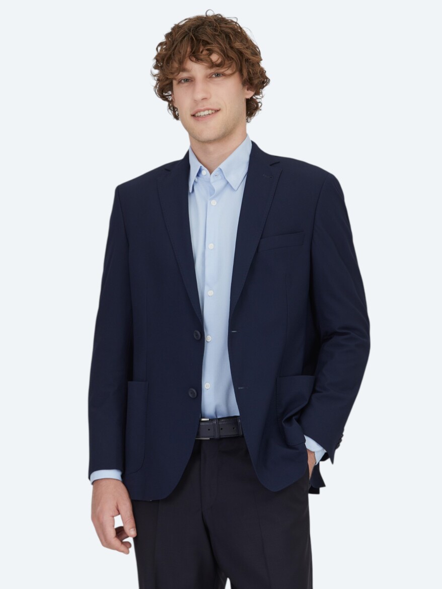 Navy Blue Patterned Regular Fit Jacket 