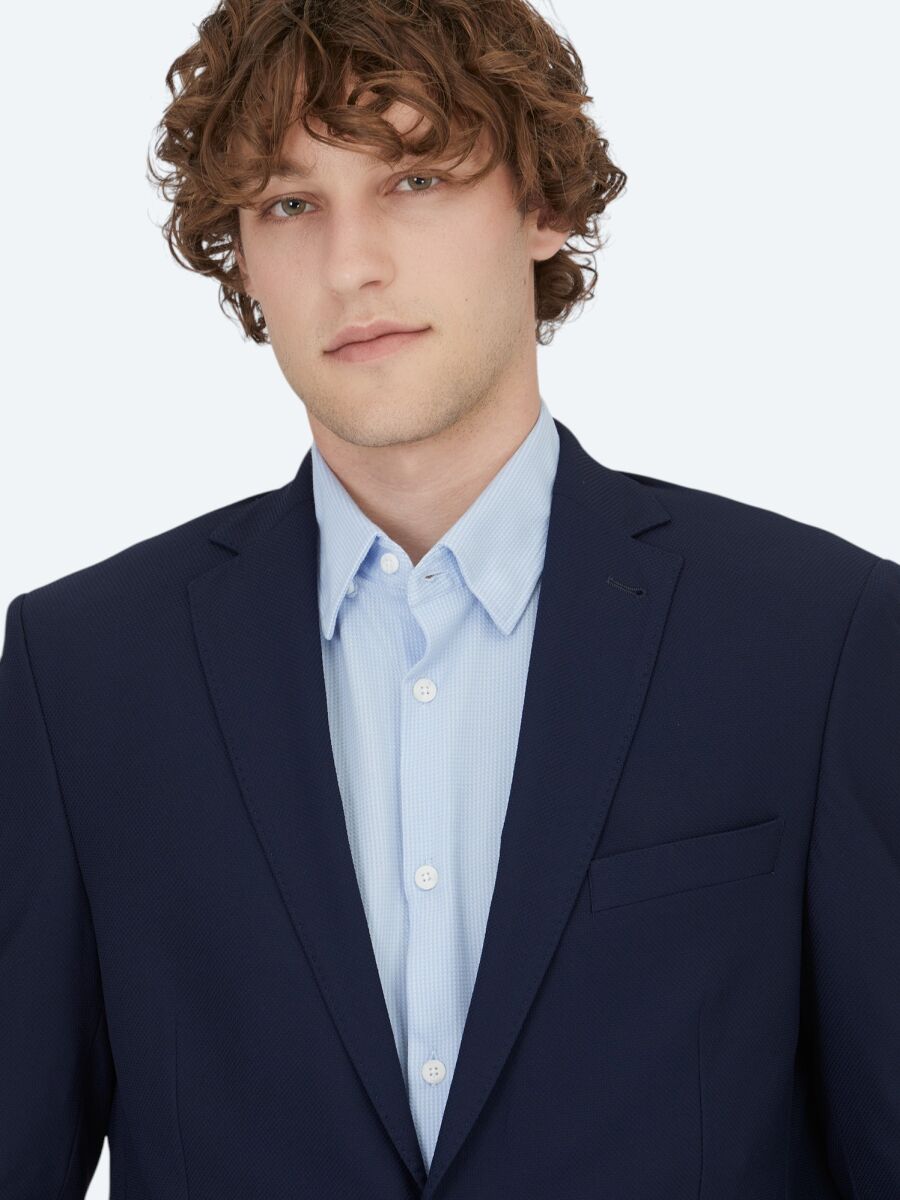 Navy Blue Patterned Regular Fit Jacket - 4