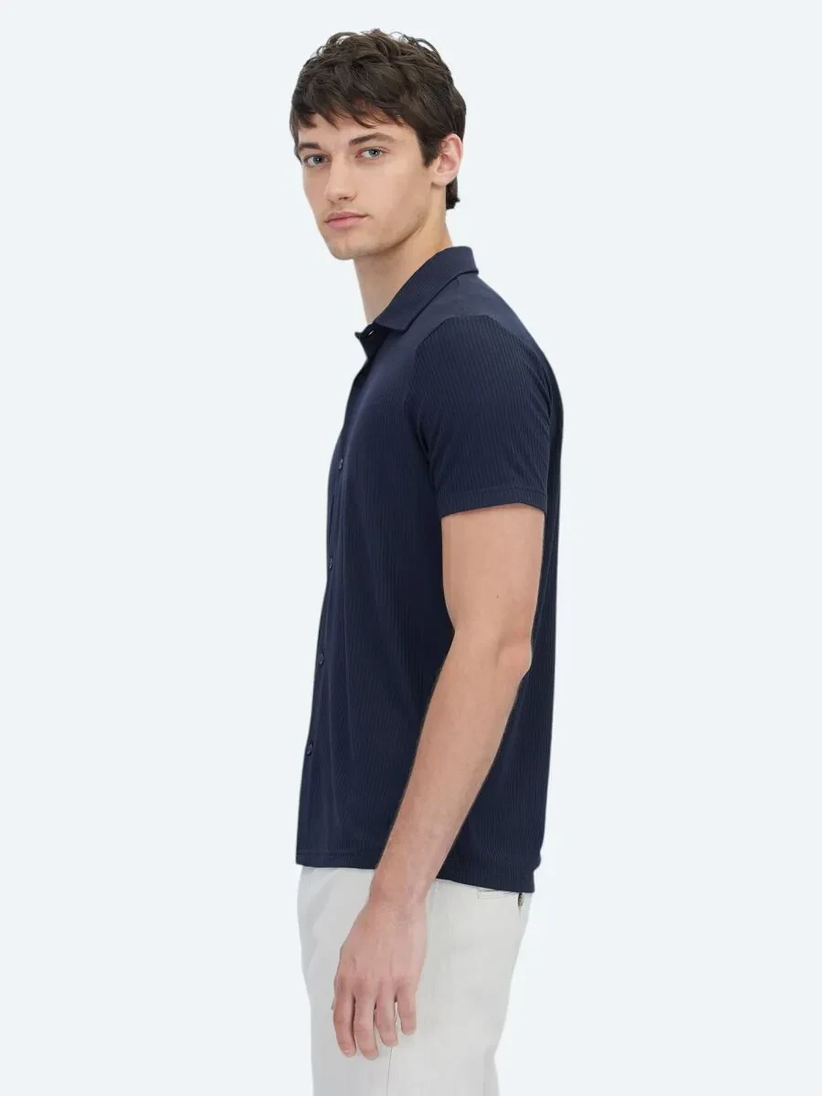 Navy Blue Patterned Regular Fit Knitting Casual Shirt - 3