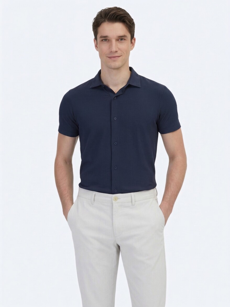 Navy Blue Patterned Regular Fit Short Knitting Casual Shirt - 1