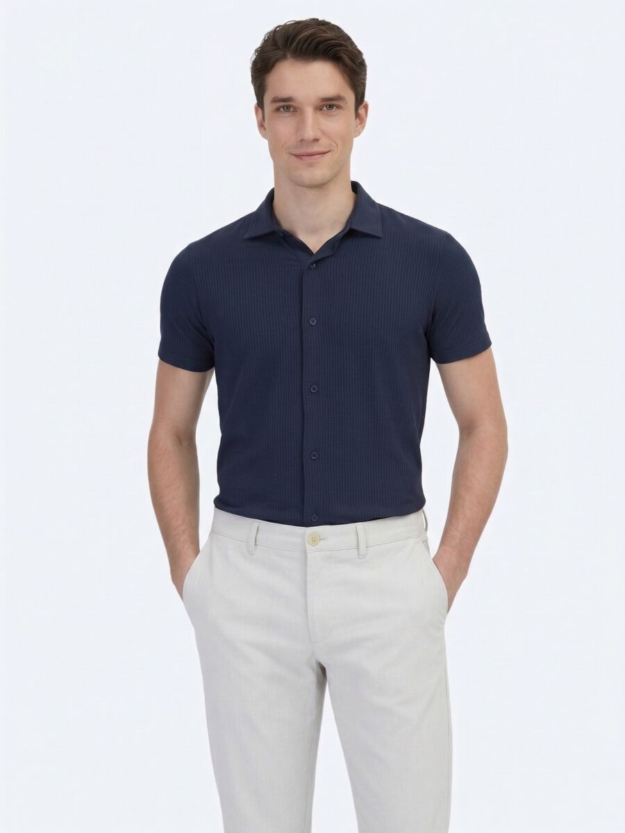 Navy Blue Patterned Regular Fit Short Knitting Casual Shirt - 1