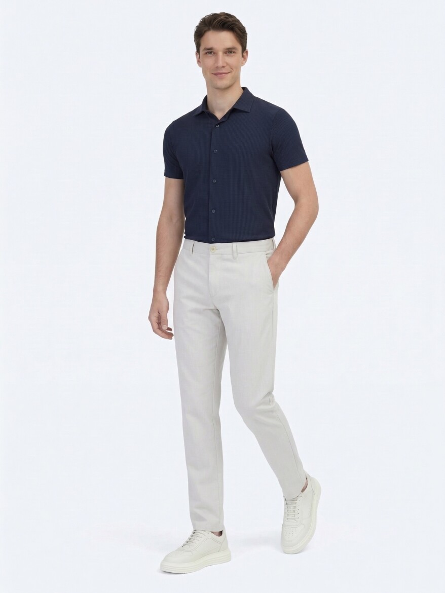 Navy Blue Patterned Regular Fit Short Knitting Casual Shirt - 2