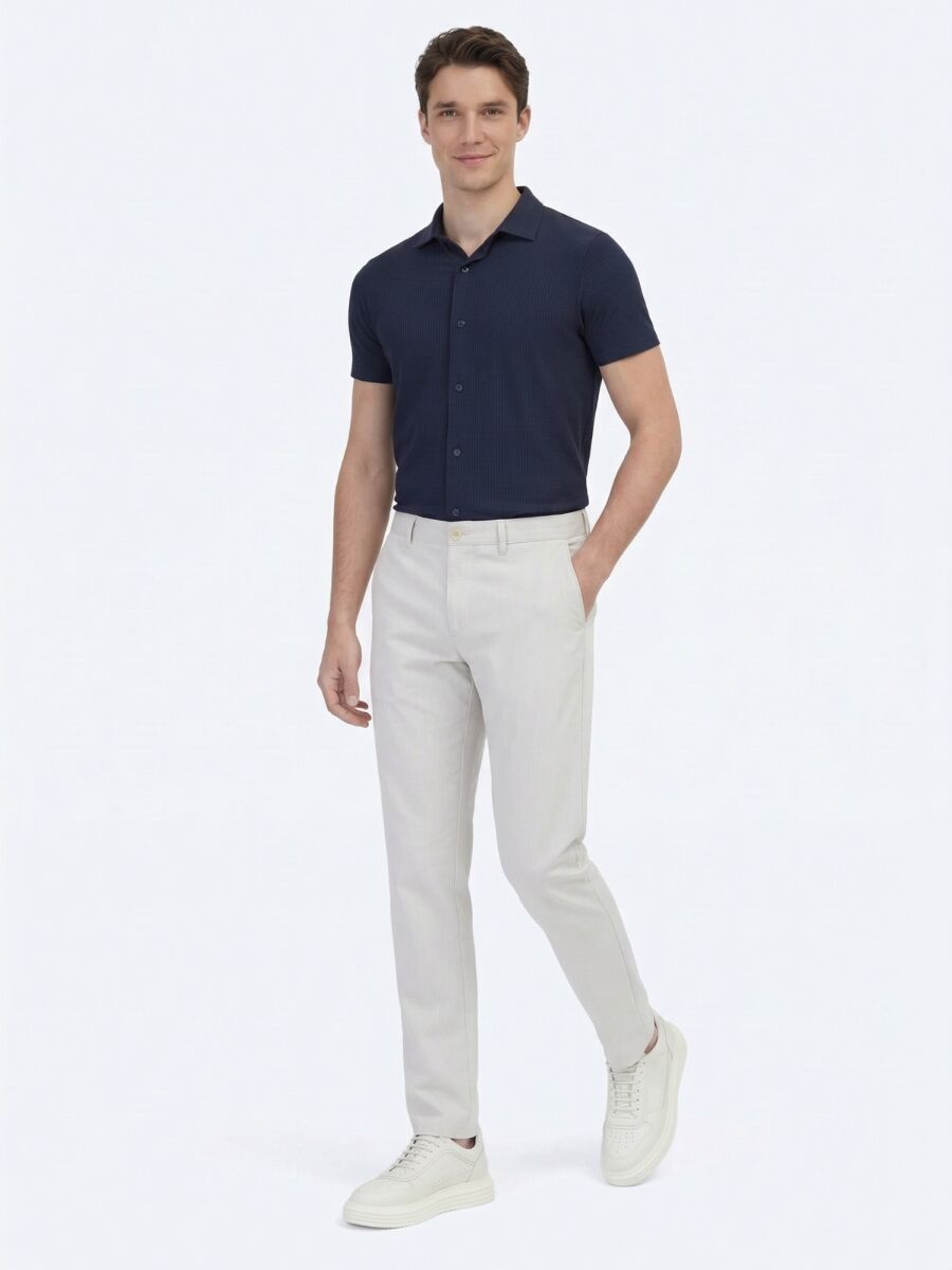 Navy Blue Patterned Regular Fit Short Knitting Casual Shirt - 2