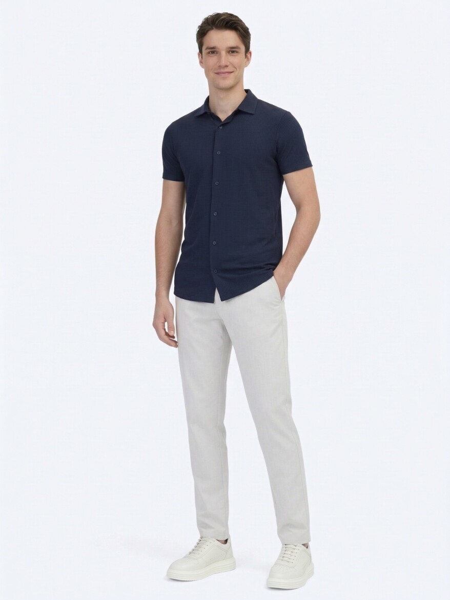 Navy Blue Patterned Regular Fit Short Knitting Casual Shirt - 4
