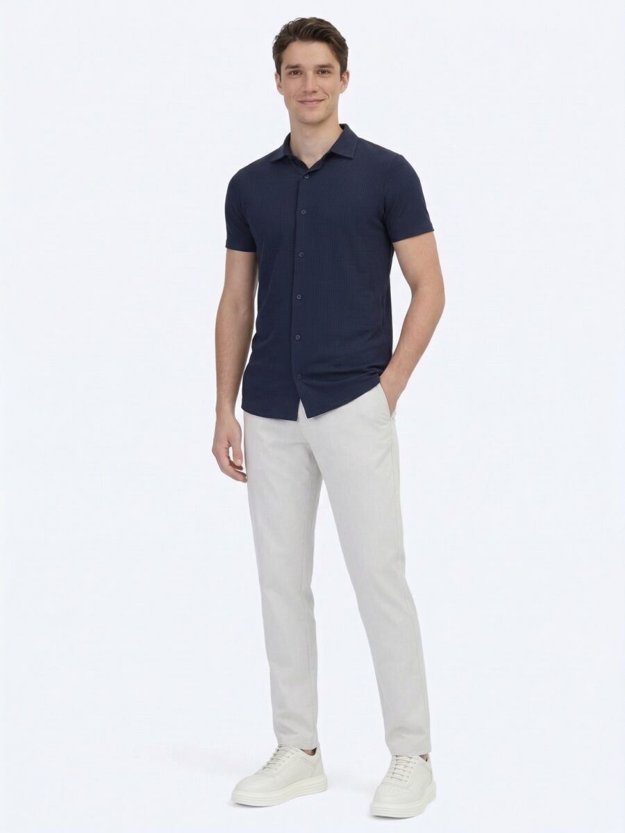 Navy Blue Patterned Regular Fit Short Knitting Casual Shirt - 4