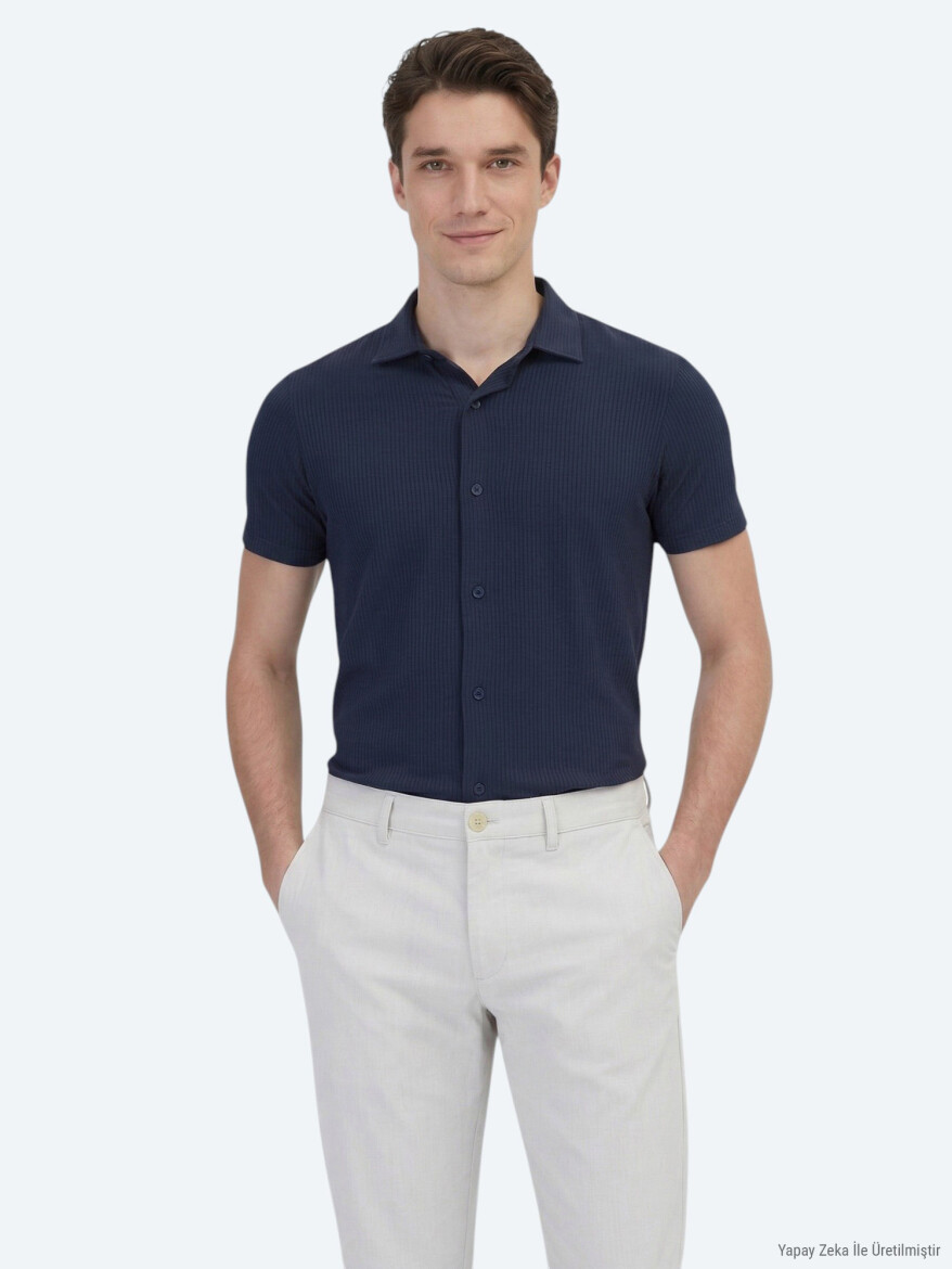 Navy Blue Patterned Regular Fit Short Knitting Casual Shirt - 1