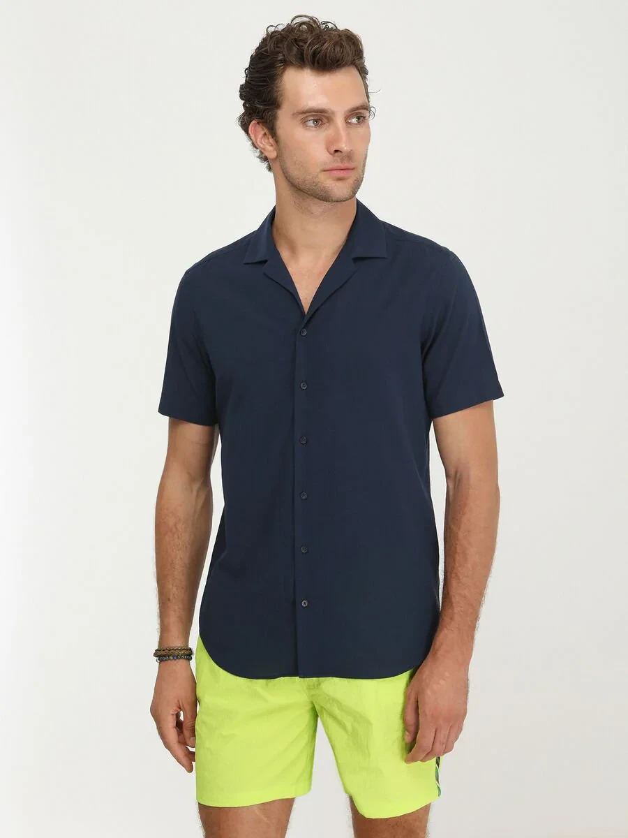 Navy Blue Patterned Regular Fit Weaving Casual 100% Cotton Shirt - 2