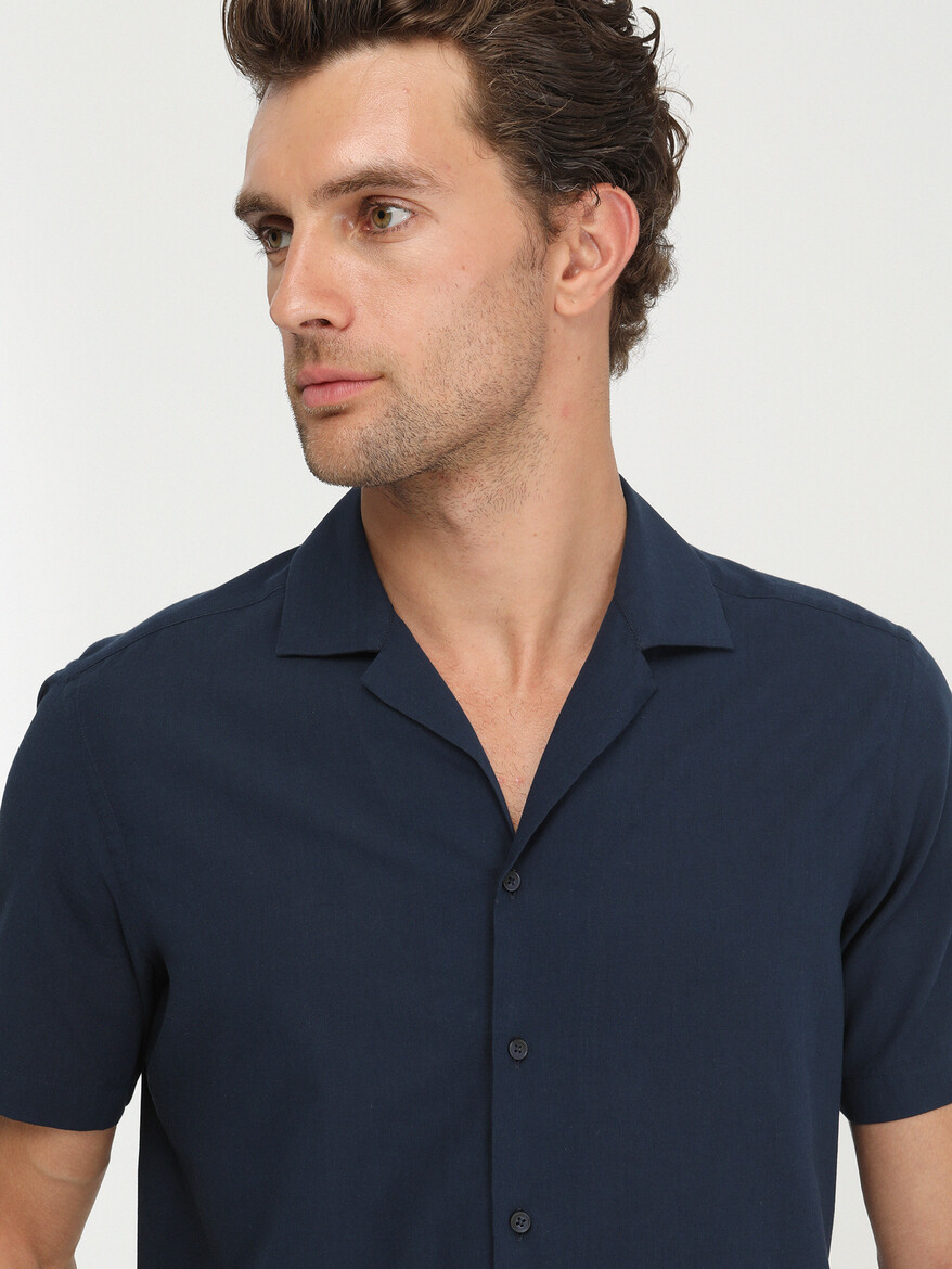 Navy Blue Patterned Regular Fit Weaving Casual 100% Cotton Shirt - 1