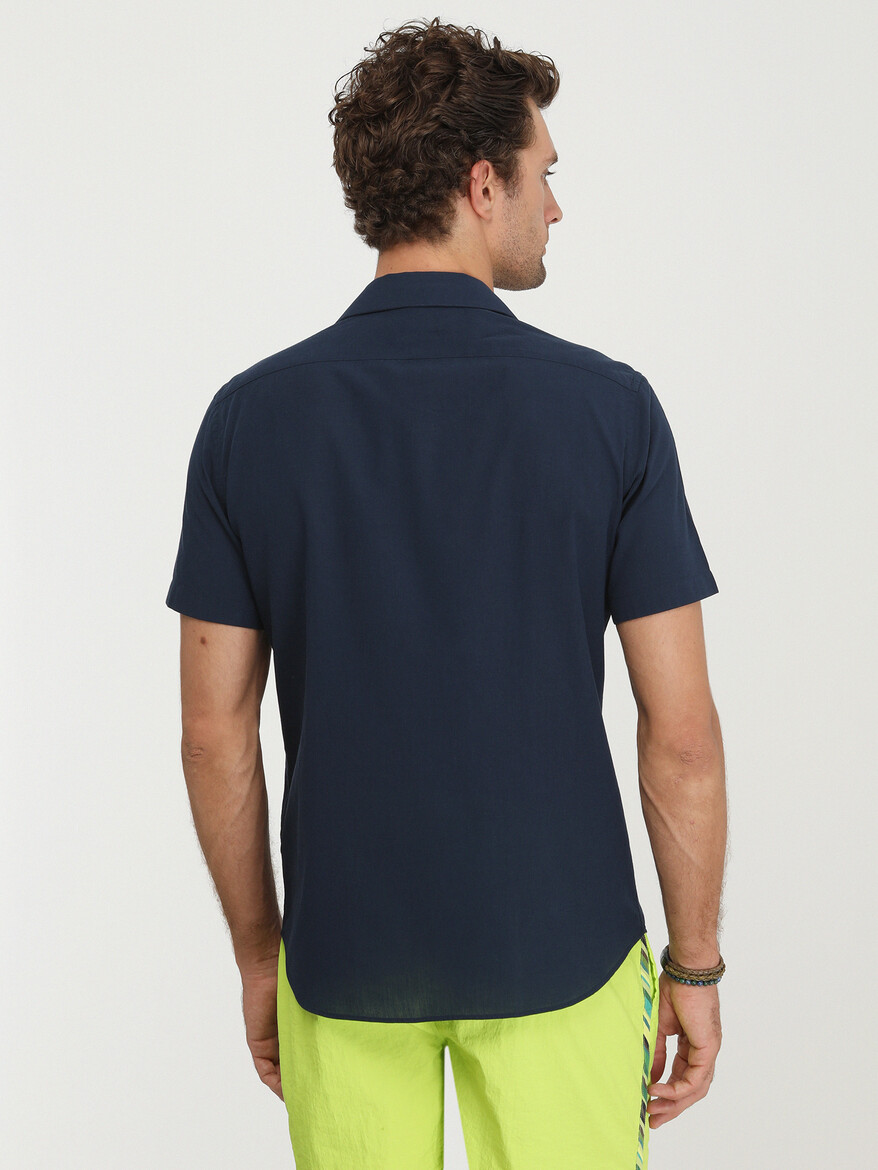 Navy Blue Patterned Regular Fit Weaving Casual 100% Cotton Shirt - 4