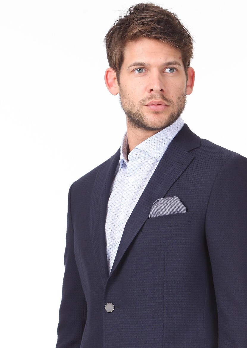 Navy Blue Patterned Regular Fit Wool Blended Jacket - 1