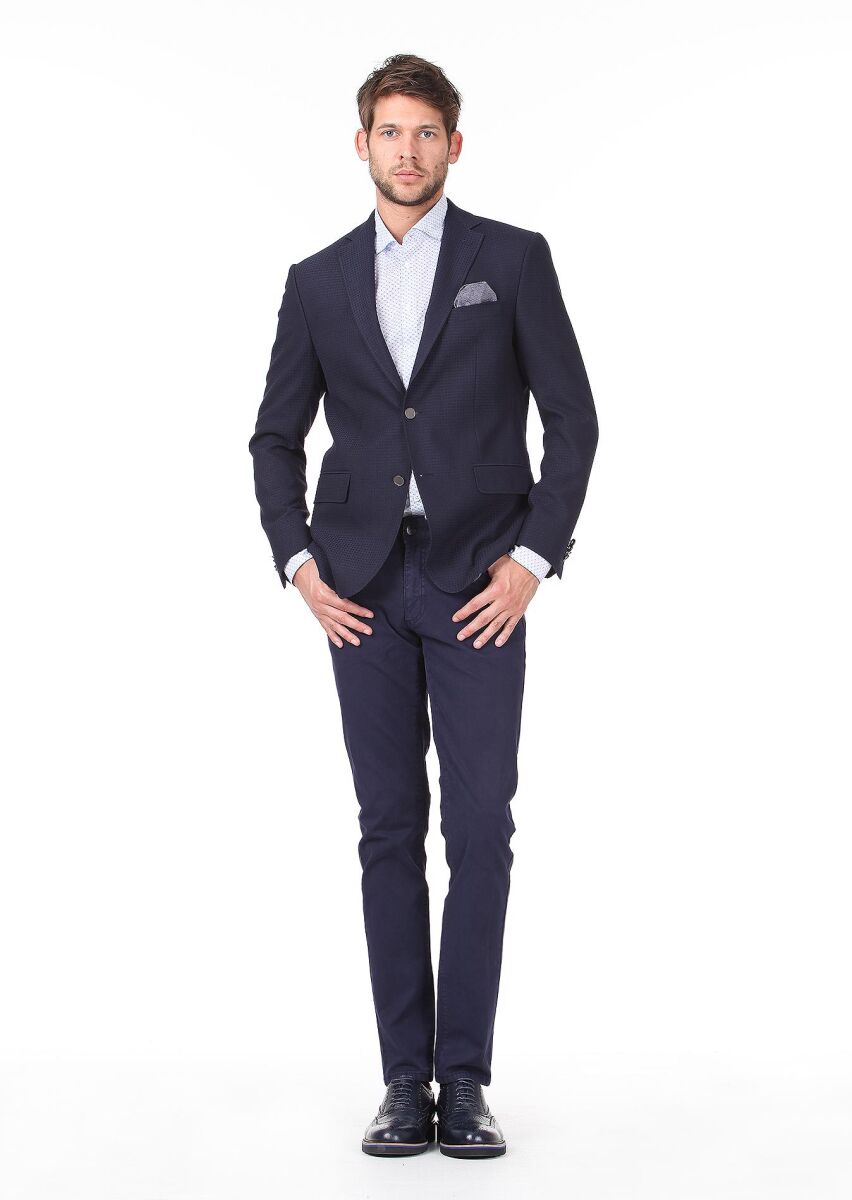 Navy Blue Patterned Regular Fit Wool Blended Jacket - 2