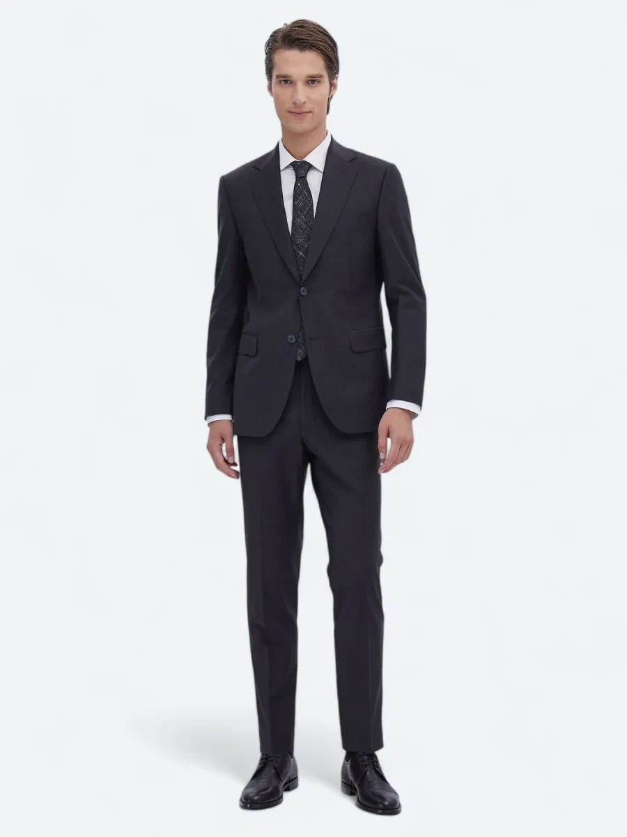 Navy Blue Patterned Regular Fit Wool Blended Suit - 1