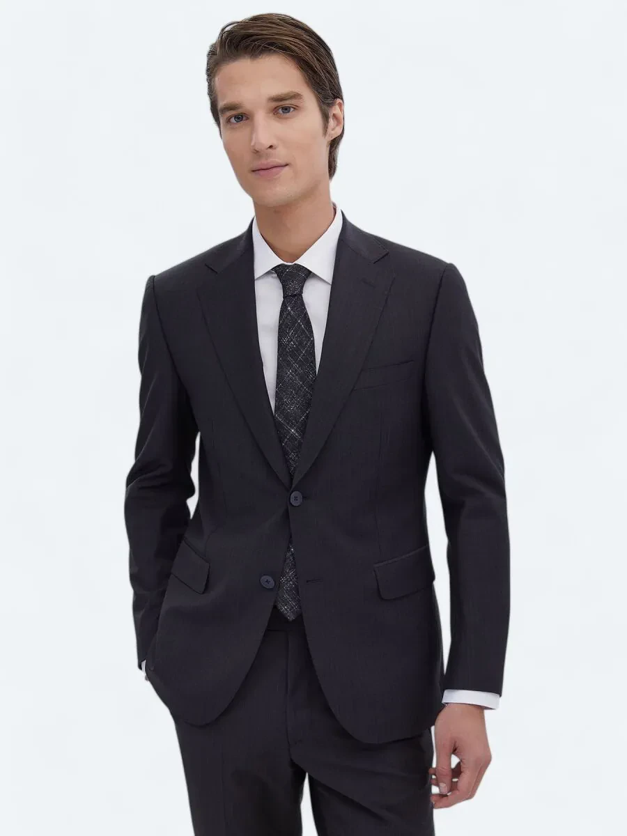 Navy Blue Patterned Regular Fit Wool Blended Suit - 2