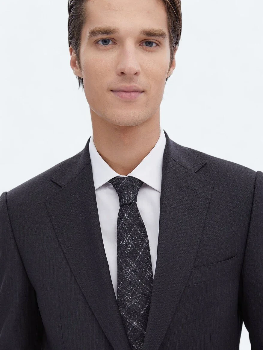 Navy Blue Patterned Regular Fit Wool Blended Suit - 3