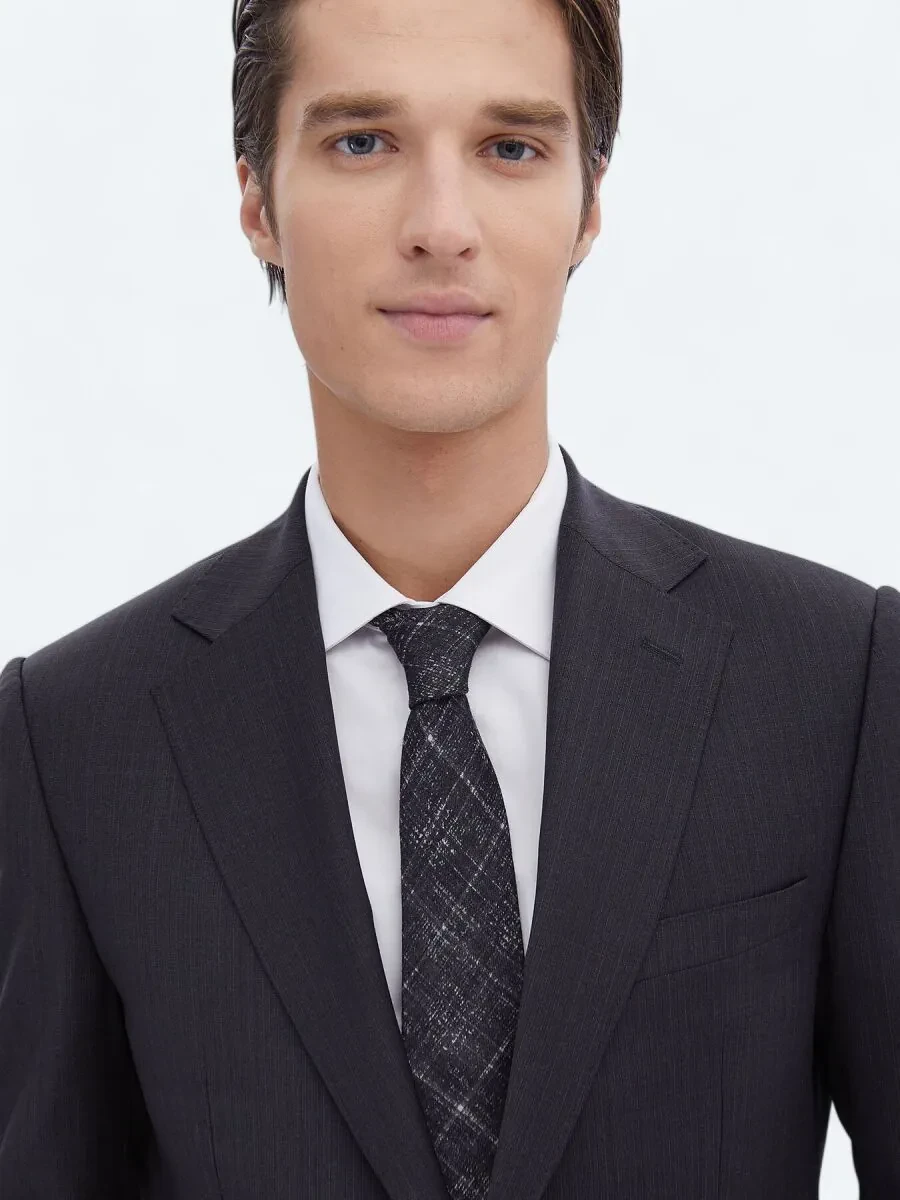 Navy Blue Patterned Regular Fit Wool Blended Suit - 3