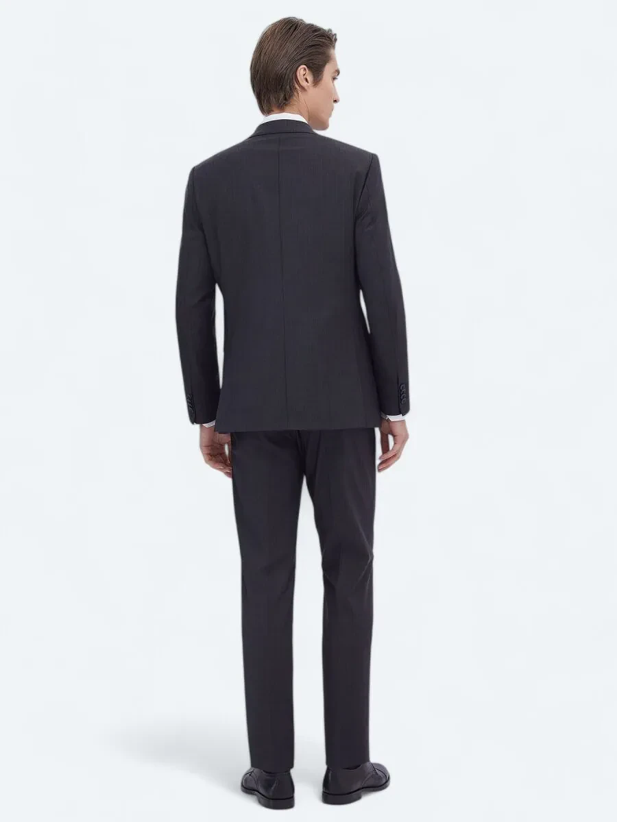 Navy Blue Patterned Regular Fit Wool Blended Suit - 5