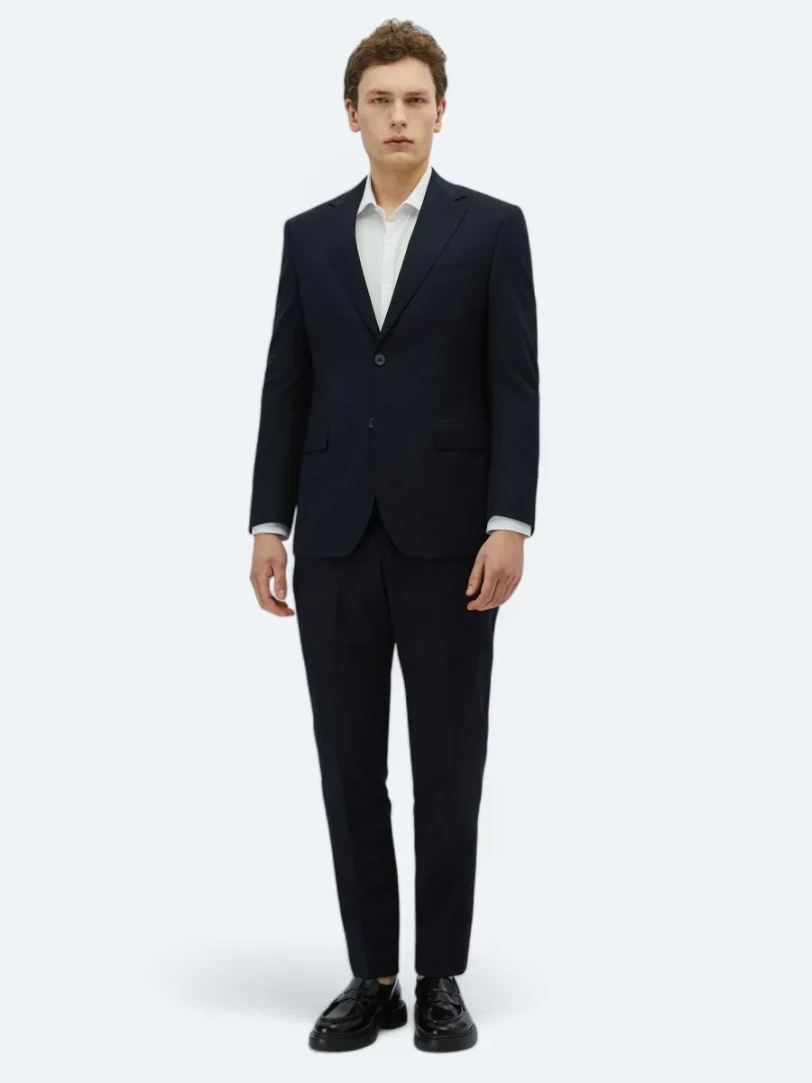 Navy Blue Patterned Regular Fit Wool Blended Suit - 1