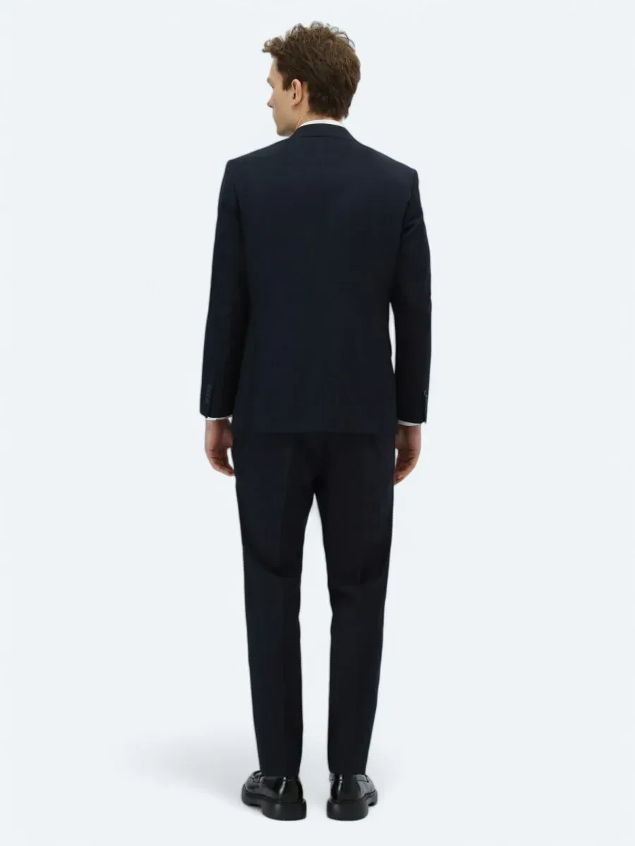 Navy Blue Patterned Regular Fit Wool Blended Suit - 5