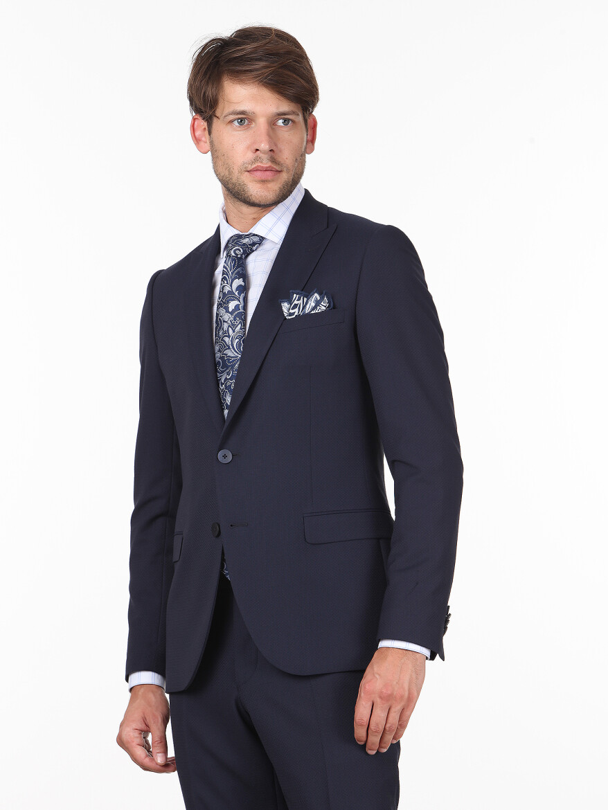 Navy Blue Patterned Slim Fit Suit - 1