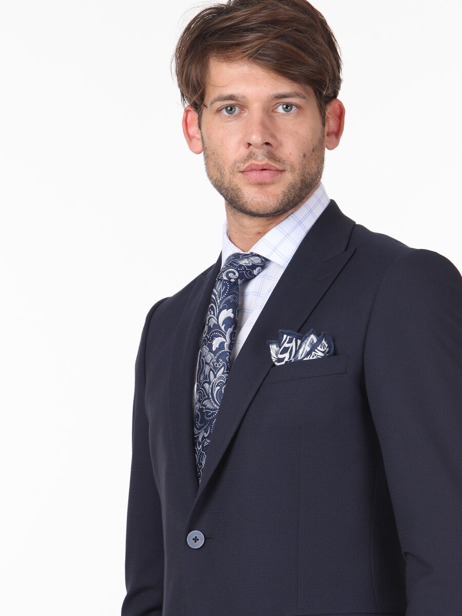 Navy Blue Patterned Slim Fit Suit - 2