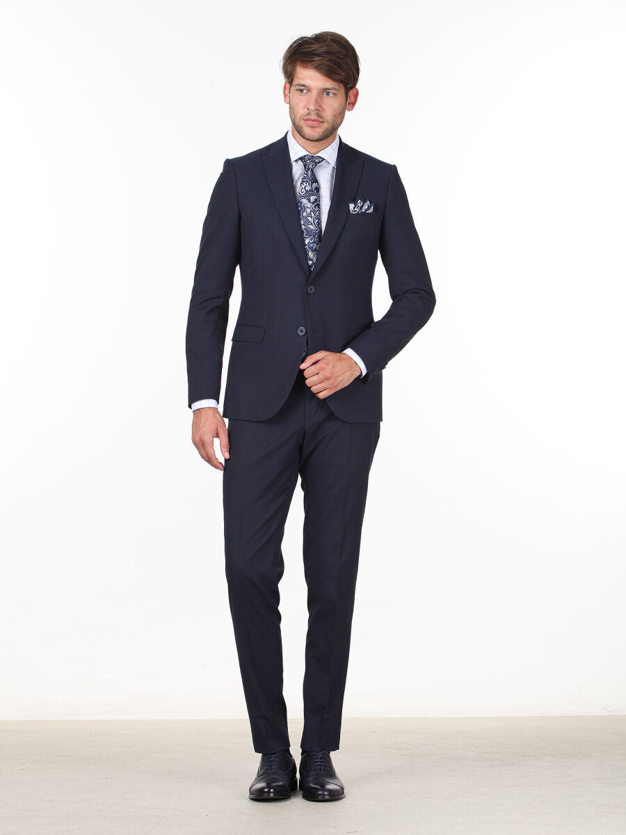 Navy Blue Patterned Slim Fit Suit - 3