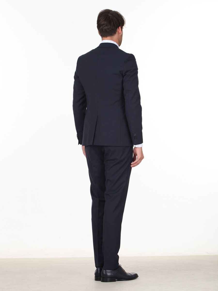 Navy Blue Patterned Slim Fit Suit - 4