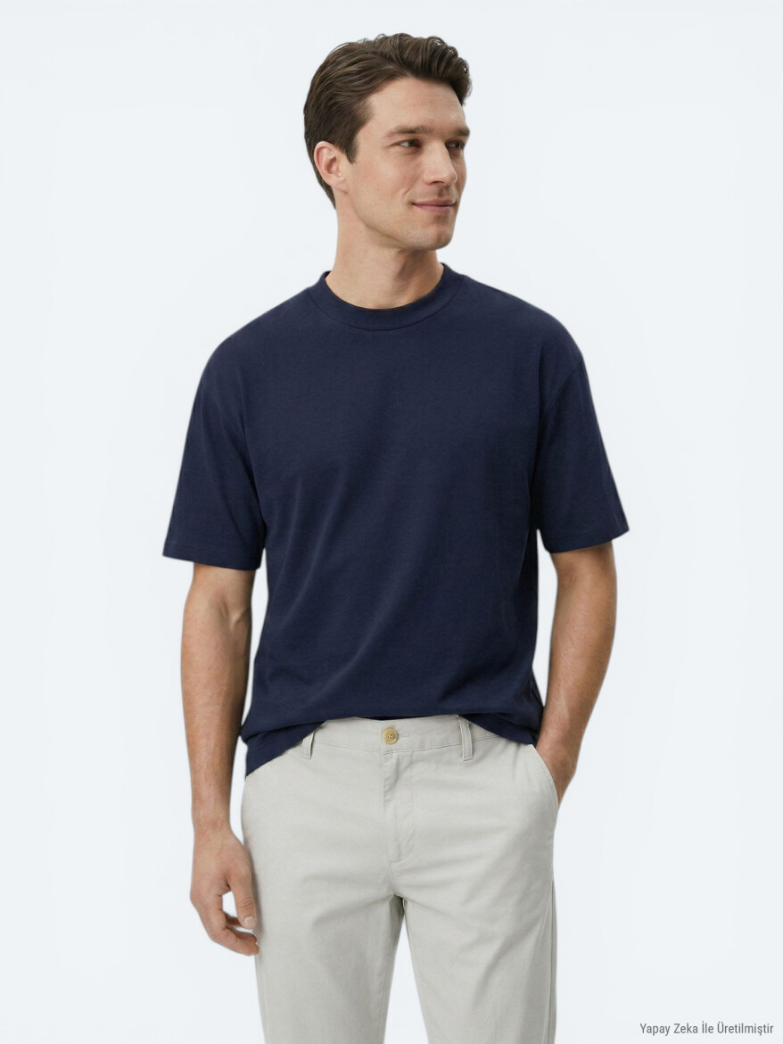 Navy Blue Plain 100% Cotton T-Shirt - KİP