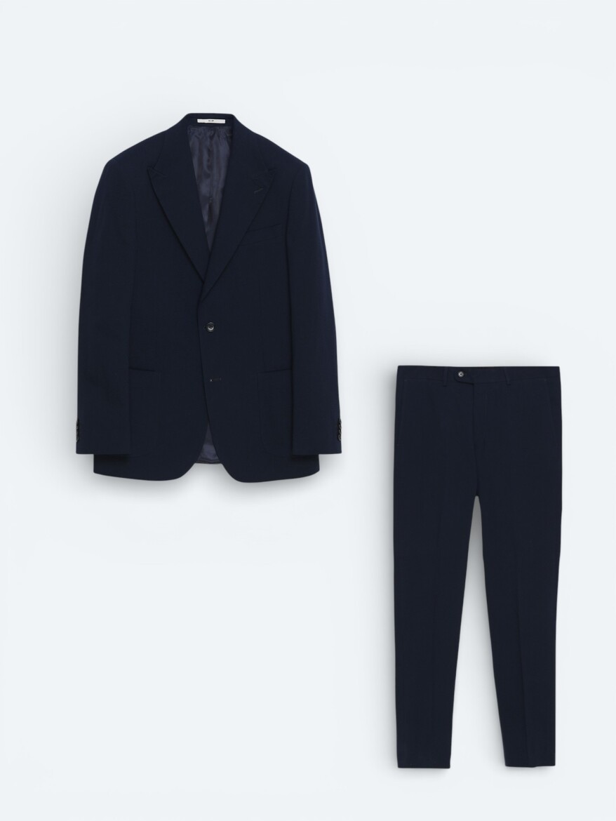 Navy Blue Plain Cotton Blended Suit - 1