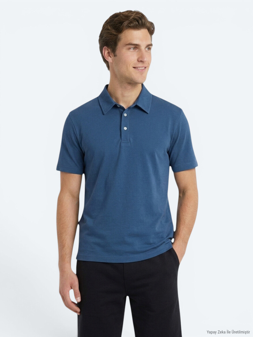 Navy Blue Plain Cotton Blended T-Shirt - KİP