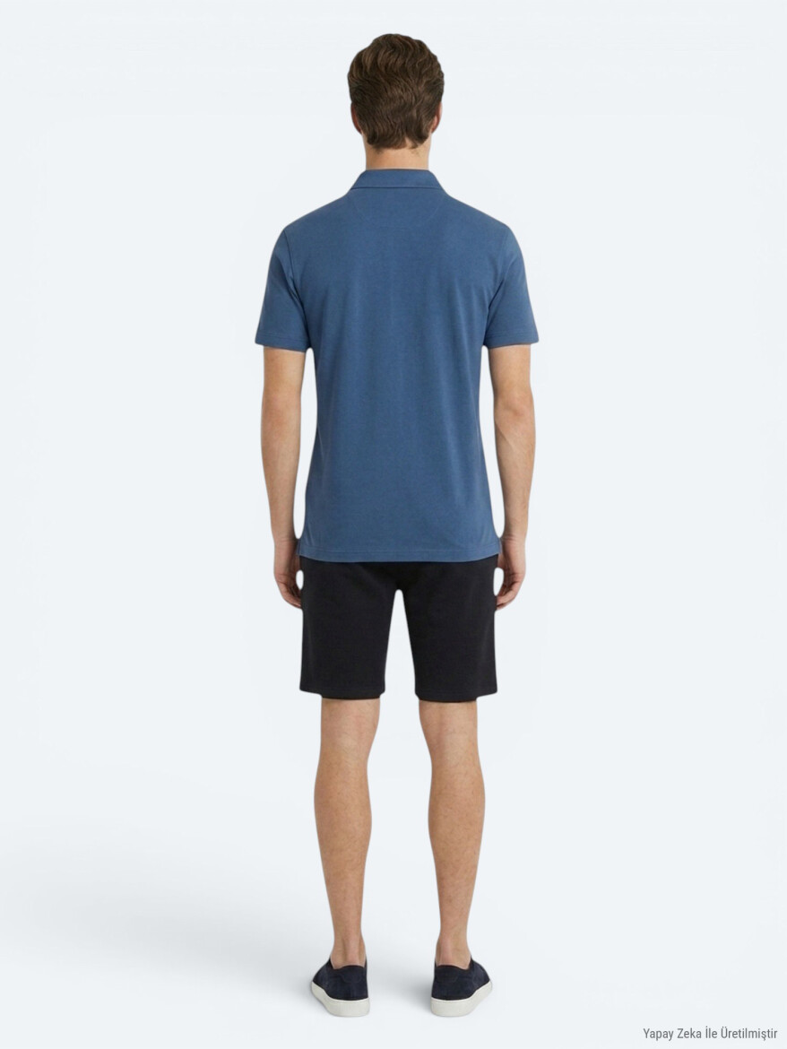 Navy Blue Plain Cotton Blended T-Shirt - 5