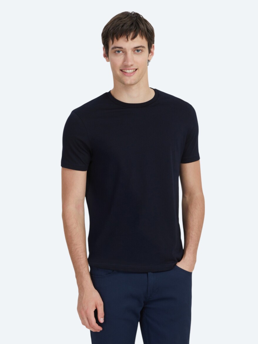 Navy Blue Plain Crew Neck 100% Cotton T-Shirt - 1