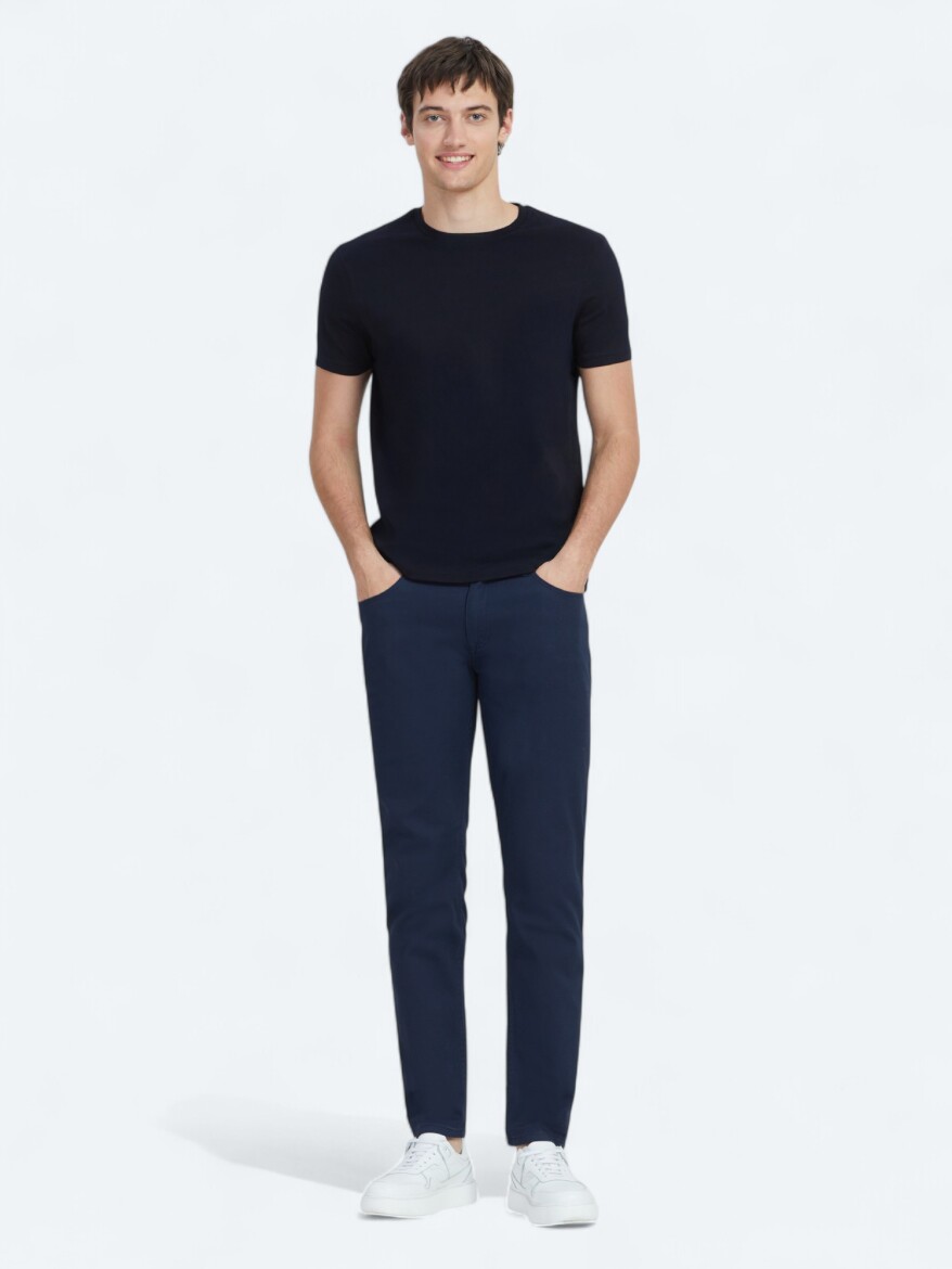 Navy Blue Plain Crew Neck 100% Cotton T-Shirt - 2