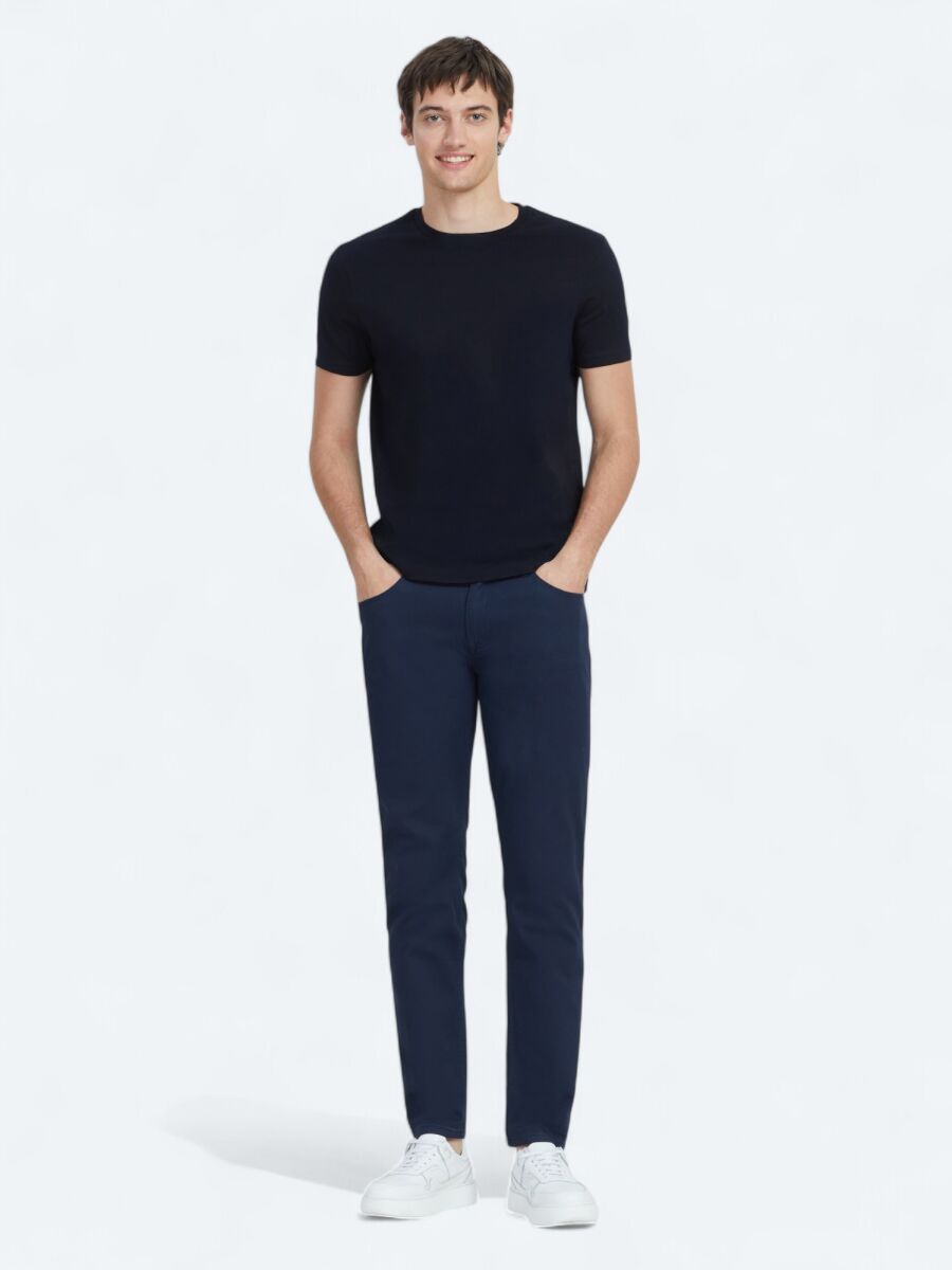 Navy Blue Plain Crew Neck 100% Cotton T-Shirt - 2