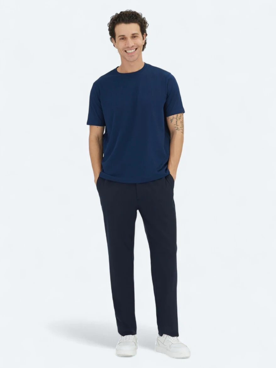 Navy Blue Plain Crew Neck 100% Cotton T-Shirt - 2