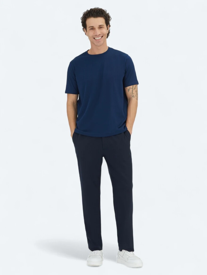 Navy Blue Plain Crew Neck 100% Cotton T-Shirt - KİP