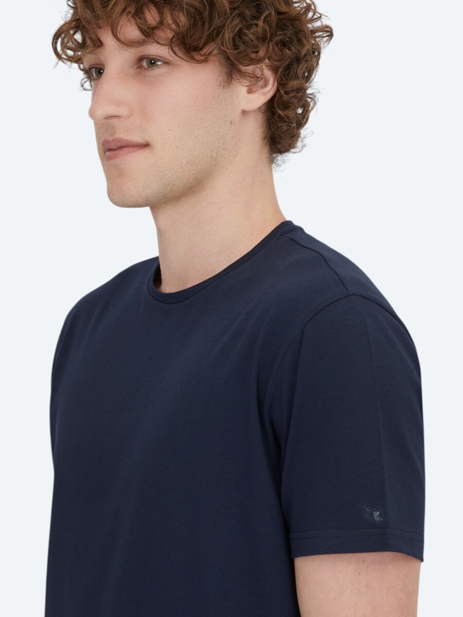 Navy Blue Plain Crew Neck Cotton Blended T-Shirt - 4