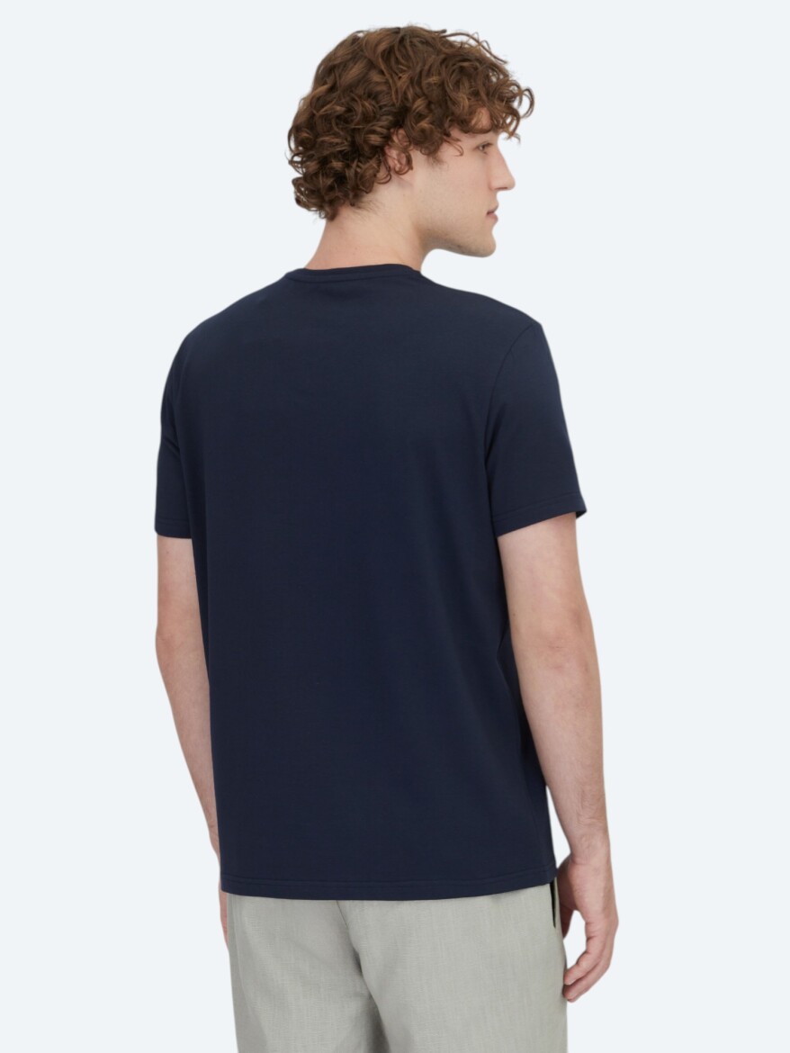 Navy Blue Plain Crew Neck Cotton Blended T-Shirt - 5