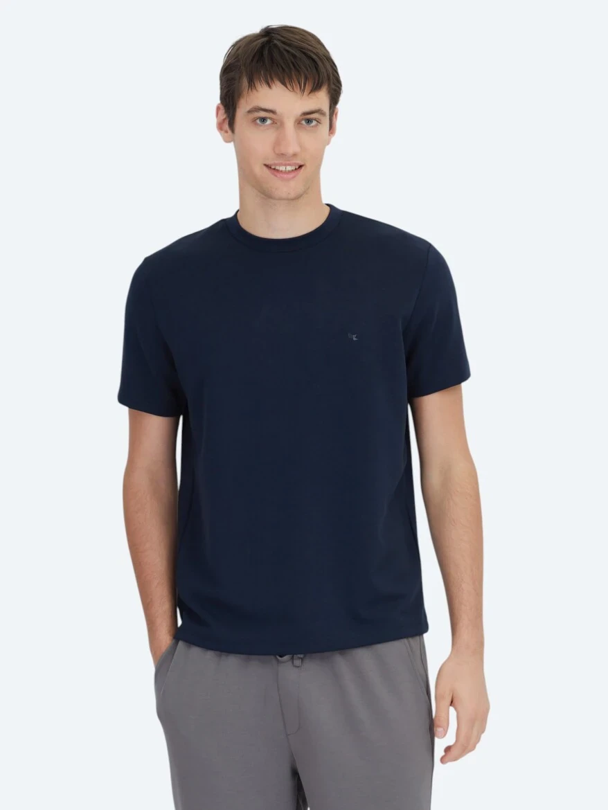 Navy Blue Plain Crew Neck T-Shirt - 1
