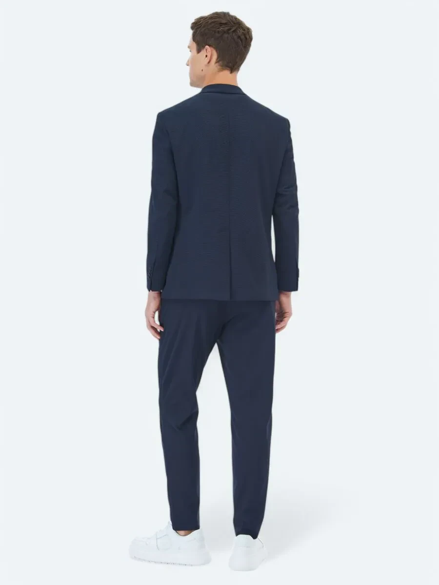Navy Blue Plain Fitted Fit Suit - 7