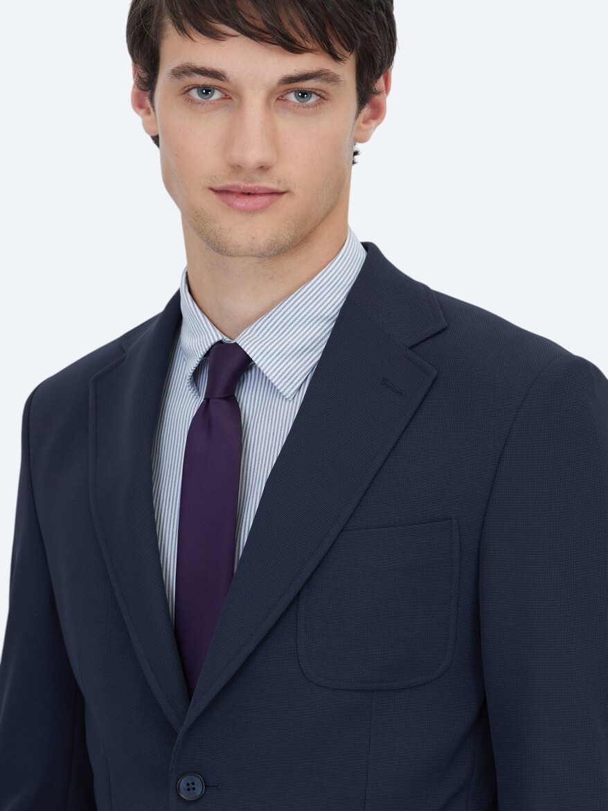 Navy Blue Plain Fitted Fit Suit - 3