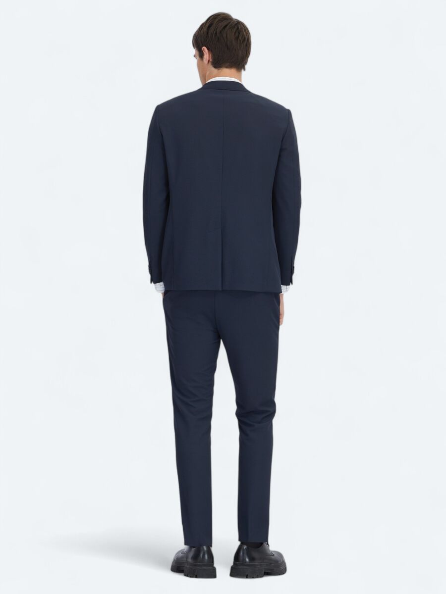Navy Blue Plain Fitted Fit Suit - 7