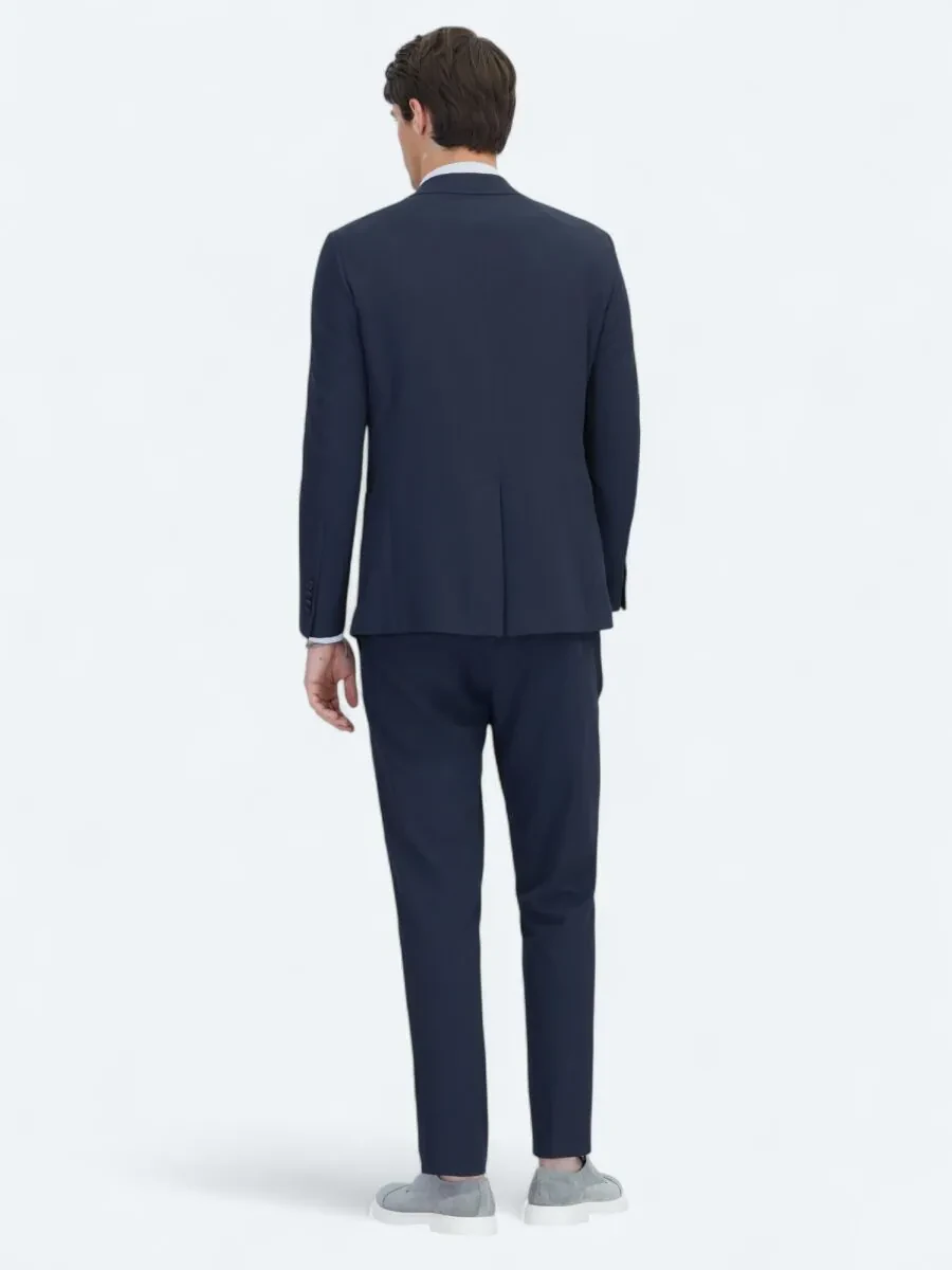 Navy Blue Plain Fitted Fit Suit - 6