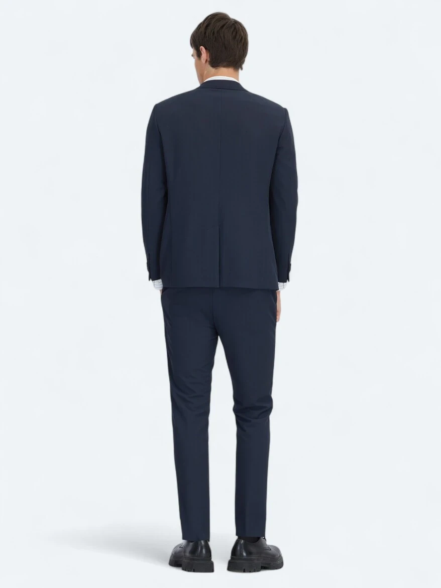 Navy Blue Plain Fitted Fit Suit - 7