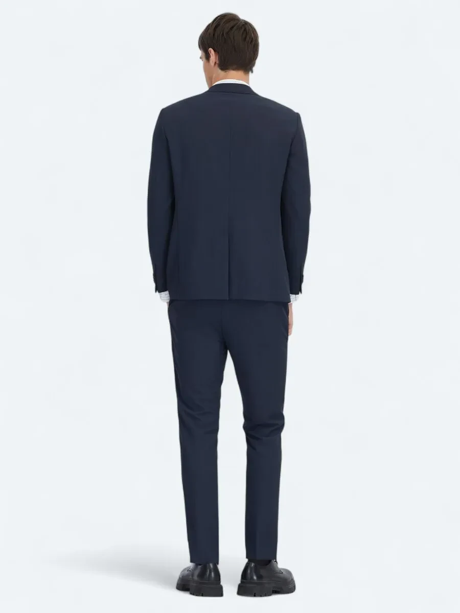 Navy Blue Plain Fitted Fit Suit - 7